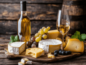 verre de vin blanc et assortiment de fromage. accord vin et fromage.
