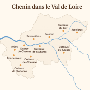 Carte du Val de Loire avec les principales appellations où le Chenin s’exprime
